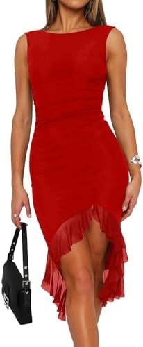 Women's Sexy Ruched Bodycon Midi Dresses Elegant Sleeveless Backless Ruffle Hem Cocktail Party Tank Dress