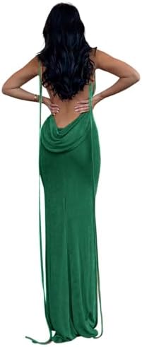 Slip Bodycon Dresses for Women Spaghetti Strap Lace Up Backless Cowl Neck Maxi Mermaid Cocktail Party Dress