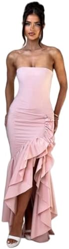 Women's Sexy Strapless Backless High Split Long Maxi Dress Ruched Off Shoulder Sleeveless Bodycon Party Cocktail Dresses