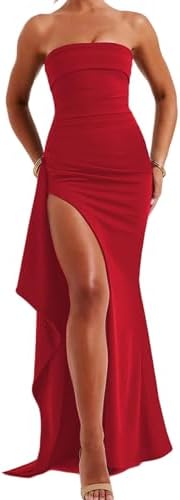 Women's Sexy Strapless Backless High Split Long Maxi Dress Ruched Off Shoulder Sleeveless Bodycon Party Cocktail Dresses