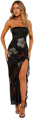 Women's Sexy Strapless Backless High Split Long Maxi Dress Ruched Off Shoulder Sleeveless Bodycon Party Cocktail Dresses