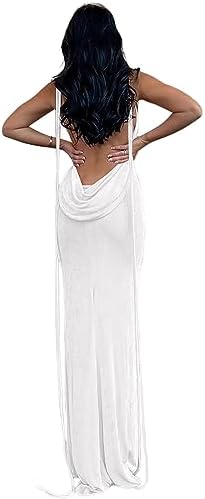 Slip Bodycon Dresses for Women Spaghetti Strap Lace Up Backless Cowl Neck Maxi Mermaid Cocktail Party Dress