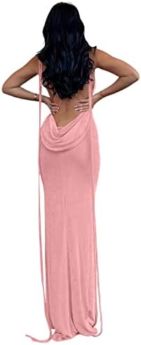 Slip Bodycon Dresses for Women Spaghetti Strap Lace Up Backless Cowl Neck Maxi Mermaid Cocktail Party Dress