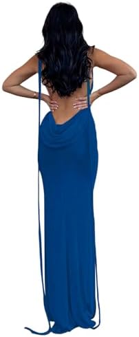 Slip Bodycon Dresses for Women Spaghetti Strap Lace Up Backless Cowl Neck Maxi Mermaid Cocktail Party Dress