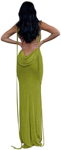 Slip Bodycon Dresses for Women Spaghetti Strap Lace Up Backless Cowl Neck Maxi Mermaid Cocktail Party Dress