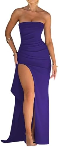Women's Sexy Strapless Backless High Split Long Maxi Dress Ruched Off Shoulder Sleeveless Bodycon Party Cocktail Dresses