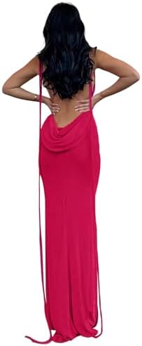 Slip Bodycon Dresses for Women Spaghetti Strap Lace Up Backless Cowl Neck Maxi Mermaid Cocktail Party Dress