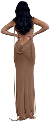 Slip Bodycon Dresses for Women Spaghetti Strap Lace Up Backless Cowl Neck Maxi Mermaid Cocktail Party Dress