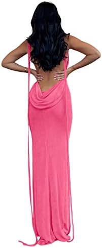 Slip Bodycon Dresses for Women Spaghetti Strap Lace Up Backless Cowl Neck Maxi Mermaid Cocktail Party Dress