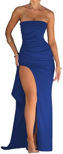 Women's Sexy Strapless Backless High Split Long Maxi Dress Ruched Off Shoulder Sleeveless Bodycon Party Cocktail Dresses
