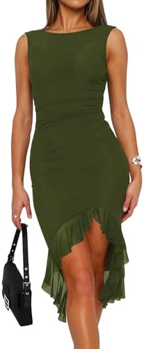 Women's Sexy Ruched Bodycon Midi Dresses Elegant Sleeveless Backless Ruffle Hem Cocktail Party Tank Dress