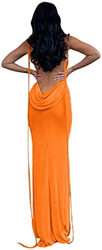 Slip Bodycon Dresses for Women Spaghetti Strap Lace Up Backless Cowl Neck Maxi Mermaid Cocktail Party Dress