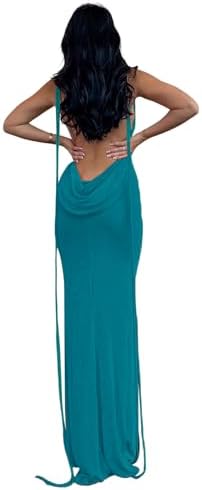 Slip Bodycon Dresses for Women Spaghetti Strap Lace Up Backless Cowl Neck Maxi Mermaid Cocktail Party Dress