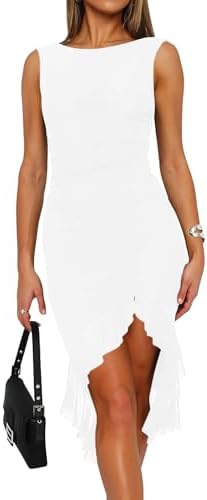 Women's Sexy Ruched Bodycon Midi Dresses Elegant Sleeveless Backless Ruffle Hem Cocktail Party Tank Dress