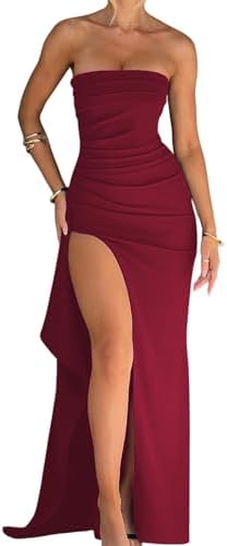Women's Sexy Strapless Backless High Split Long Maxi Dress Ruched Off Shoulder Sleeveless Bodycon Party Cocktail Dresses