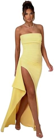 Women's Sexy Strapless Backless High Split Long Maxi Dress Ruched Off Shoulder Sleeveless Bodycon Party Cocktail Dresses