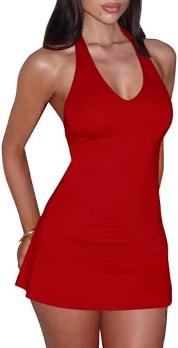 Women's Sexy Bodycon A-line Halter Deep V Backless Club Party Mini Dress