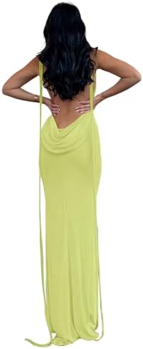 Slip Bodycon Dresses for Women Spaghetti Strap Lace Up Backless Cowl Neck Maxi Mermaid Cocktail Party Dress