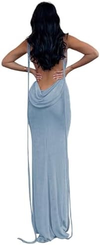 Slip Bodycon Dresses for Women Spaghetti Strap Lace Up Backless Cowl Neck Maxi Mermaid Cocktail Party Dress