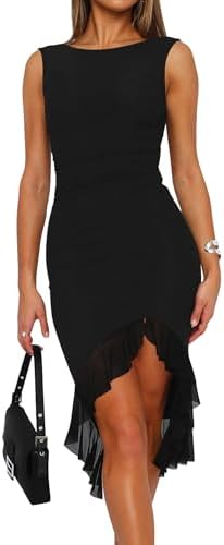 Women's Sexy Ruched Bodycon Midi Dresses Elegant Sleeveless Backless Ruffle Hem Cocktail Party Tank Dress