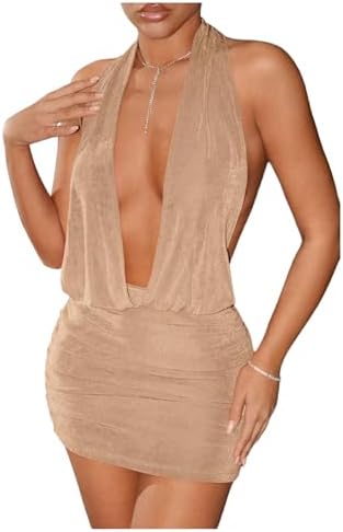 Women's Backless Halter Dress Low Cut Sleeveless Bodycon Mini Dresses Rave Clubwear