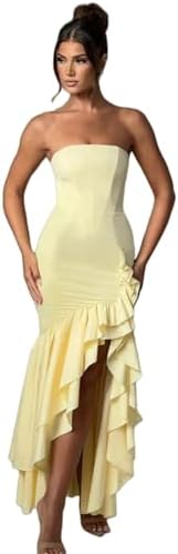 Women's Sexy Strapless Backless High Split Long Maxi Dress Ruched Off Shoulder Sleeveless Bodycon Party Cocktail Dresses