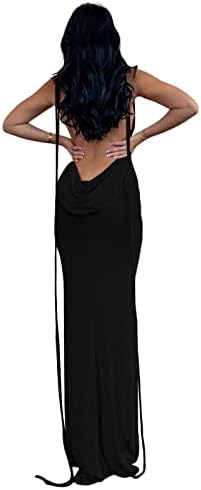 Slip Bodycon Dresses for Women Spaghetti Strap Lace Up Backless Cowl Neck Maxi Mermaid Cocktail Party Dress