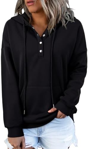 Womens 2025 Hoodies Button Collar Drawstring Hooded Pullover Sweatshirt Casual Long Sleeve Tops Shirts