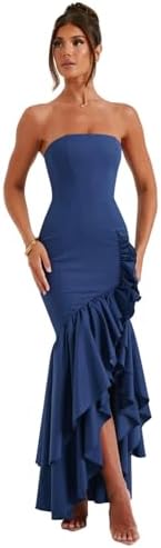 Women's Sexy Strapless Backless High Split Long Maxi Dress Ruched Off Shoulder Sleeveless Bodycon Party Cocktail Dresses
