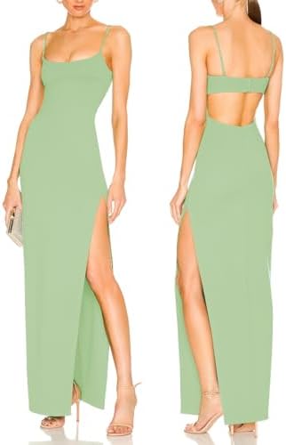 Women's Sexy Backless Spaghetti Straps Square Neck Maxi Dress Thigh High Slit Bodycon Cocktail Party Dress 211