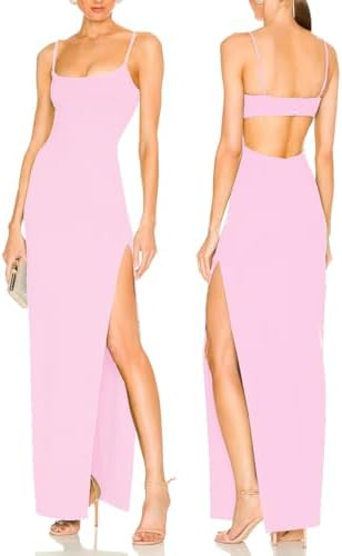Women's Sexy Backless Spaghetti Straps Square Neck Maxi Dress Thigh High Slit Bodycon Cocktail Party Dress 211