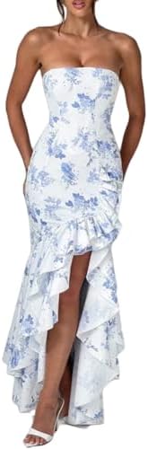 Women's Sexy Strapless Backless High Split Long Maxi Dress Ruched Off Shoulder Sleeveless Bodycon Party Cocktail Dresses