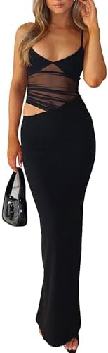 Women's Sexy Bodycon V Neck Spaghetti Strap Maxi Dress Elegant Backless Cocktail Evening Party Long Formal Dresses