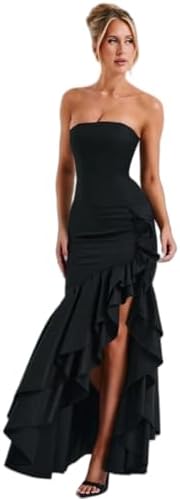 Women's Sexy Strapless Backless High Split Long Maxi Dress Ruched Off Shoulder Sleeveless Bodycon Party Cocktail Dresses