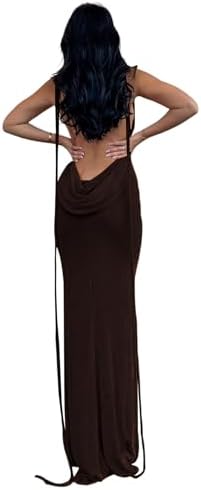 Slip Bodycon Dresses for Women Spaghetti Strap Lace Up Backless Cowl Neck Maxi Mermaid Cocktail Party Dress