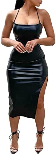 Women Faux Leather Dress Sleeveless Backless Bandage Bodycon Split Midi Dresses Party Cocktail