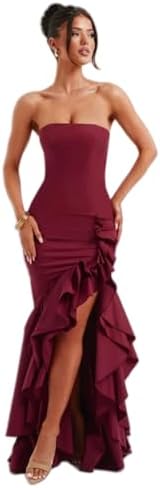 Women's Sexy Strapless Backless High Split Long Maxi Dress Ruched Off Shoulder Sleeveless Bodycon Party Cocktail Dresses
