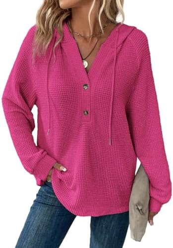 Hoodies for Women Waffle Knit Long Sleeve Drawstring Button V Neck Casual Pullover Sweatshirt Hooded Tops