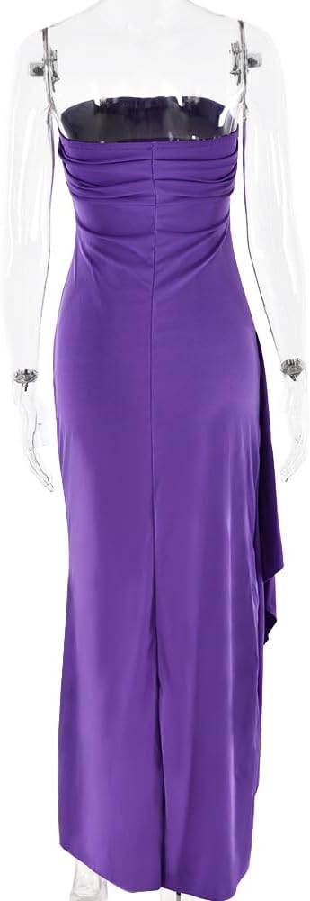 Women's Sexy Strapless Backless High Split Long Maxi Dress Ruched Off Shoulder Sleeveless Bodycon Party Cocktail Dresses