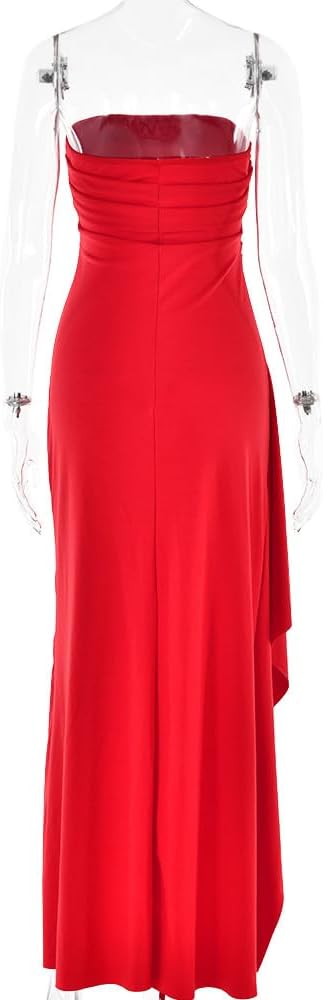 Women's Sexy Strapless Backless High Split Long Maxi Dress Ruched Off Shoulder Sleeveless Bodycon Party Cocktail Dresses