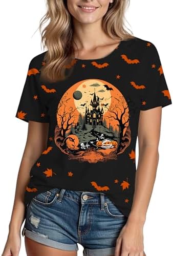 Halloween Shirts for Women: Castle Pumpkin Pattern Halloween Party Short Sleeve Costumes Crewneck T-Shirt