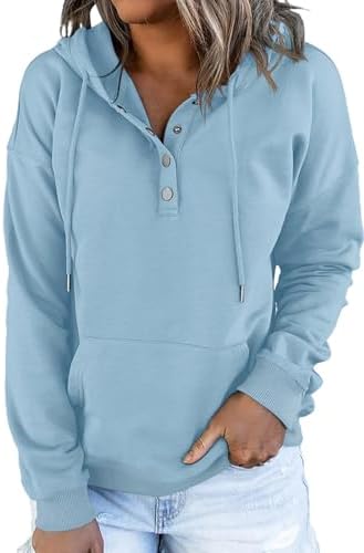 Womens 2025 Hoodies Button Collar Drawstring Hooded Pullover Sweatshirt Casual Long Sleeve Tops Shirts