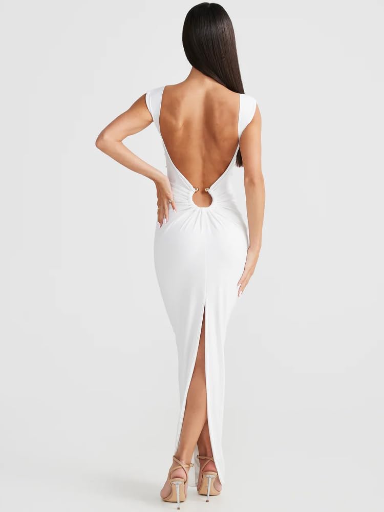 Sexy Backless Dresses for Women Cut Out Bodycon Maxi Dress Open Back Smocked High Slit Party Long Cocktail Dresses
