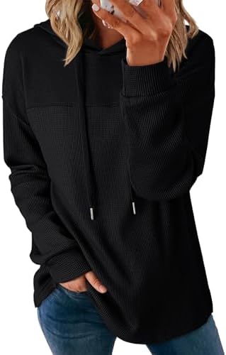 Womens Hoodies Casual Waffle Knit Long Sleeve Drawstring Pullover Sweatshirts Lightweight Hooded Tops