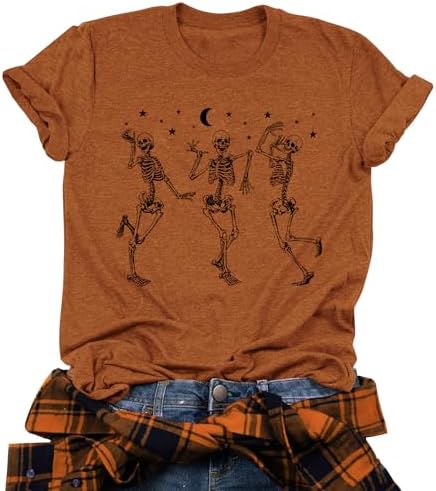 Dancing Skeleton Shirt for Women Happy Halloween T-Shirt Funny Skeleton Graphic Tees Tops Blouse Gift