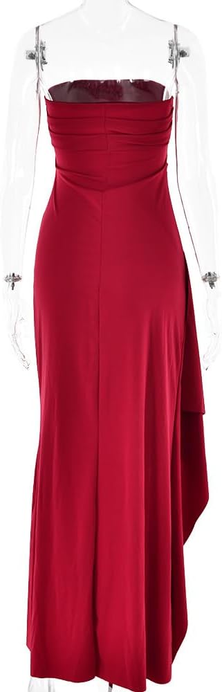 Women's Sexy Strapless Backless High Split Long Maxi Dress Ruched Off Shoulder Sleeveless Bodycon Party Cocktail Dresses