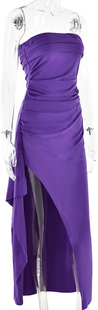 Women's Sexy Strapless Backless High Split Long Maxi Dress Ruched Off Shoulder Sleeveless Bodycon Party Cocktail Dresses