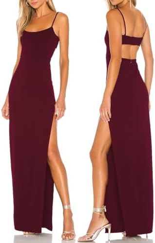 Women's Sexy Backless Spaghetti Straps Square Neck Maxi Dress Thigh High Slit Bodycon Cocktail Party Dress 211