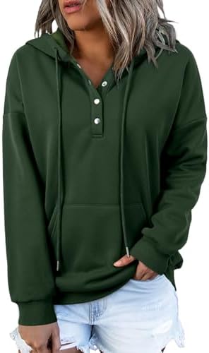 Womens 2025 Hoodies Button Collar Drawstring Hooded Pullover Sweatshirt Casual Long Sleeve Tops Shirts