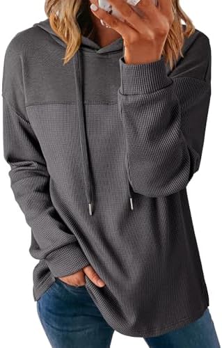 Womens Hoodies Casual Waffle Knit Long Sleeve Drawstring Pullover Sweatshirts Lightweight Hooded Tops